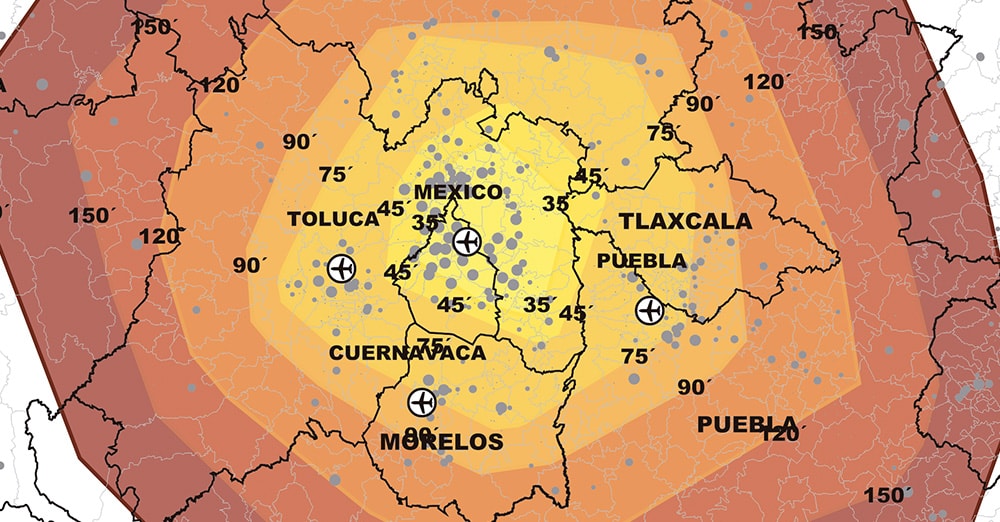 Delimitación de las áreas de influencia y localización de los centros de recolección y entrega de pasajeros de los aeropuertos de la Ciudad de México, Toluca, Puebla, Querétaro y Cuernavaca